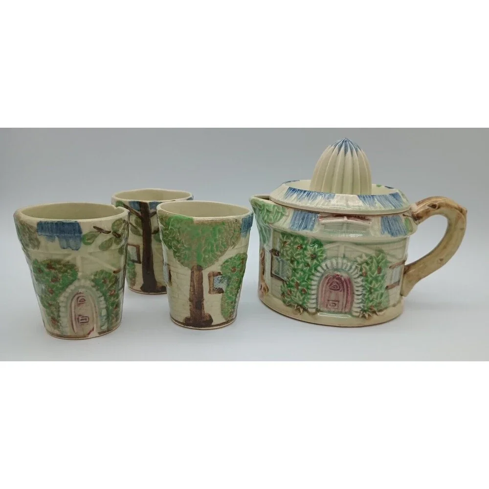 Vtg Cottage citrus Juicer Pitcher 3 Glasses Figural Home Trees